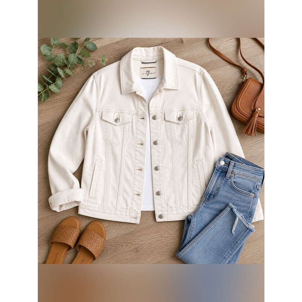 7 For All Mankind Ivory Denim Trucker Jacket Button Front Size L